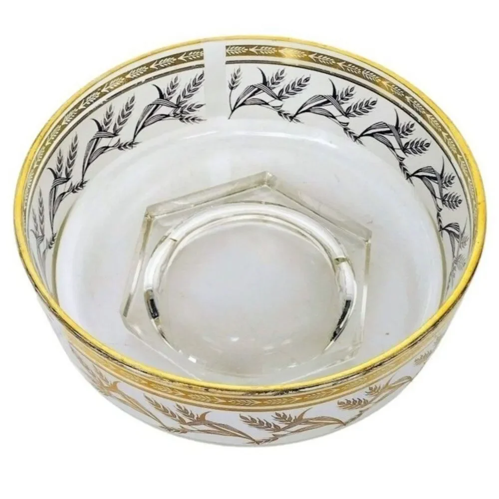 Vintage 60s MCM Gold Wheat Heavy Bottom Frosted Glass Pedestal Chip Bowl